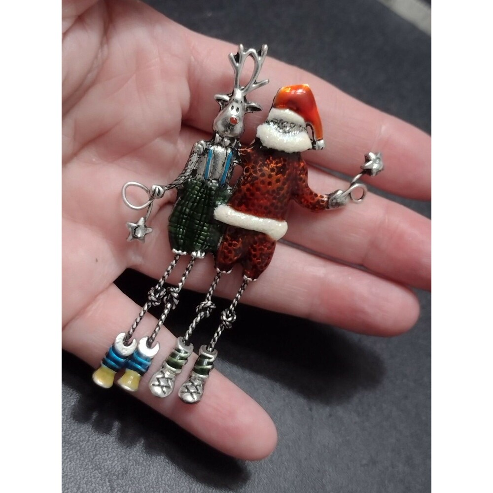 Vintage Silver Tone Santa and Reindeer Dangling Legs Brooch